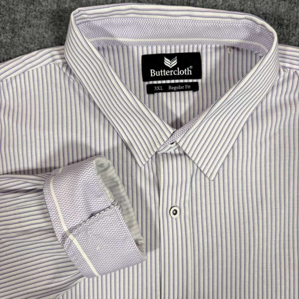 Buttercloth Button Down Striped Men 3XL White Purple Cotton Flip Cuff Preppy